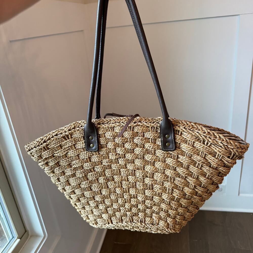J. Crew Woven Sea Grass Tote Purse Beige Large Bag Beach Leather Handles Chic
